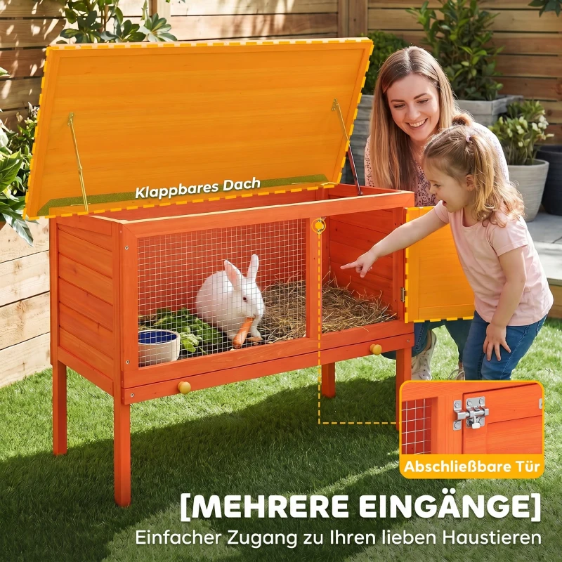 PawHut Hasenstall erhöhter Kaninchenstall aus Holz mit aufklappbar Bitumendach herausziehbarer Schublade 90x45x65 cm Orange