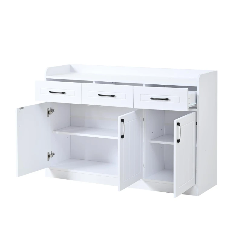 Aparador com muito espaço de arrumação, 3 gavetas e 3 portas com prateleiras ajustáveis, frente das portas com riscas, 120x35x80 cm, Branco