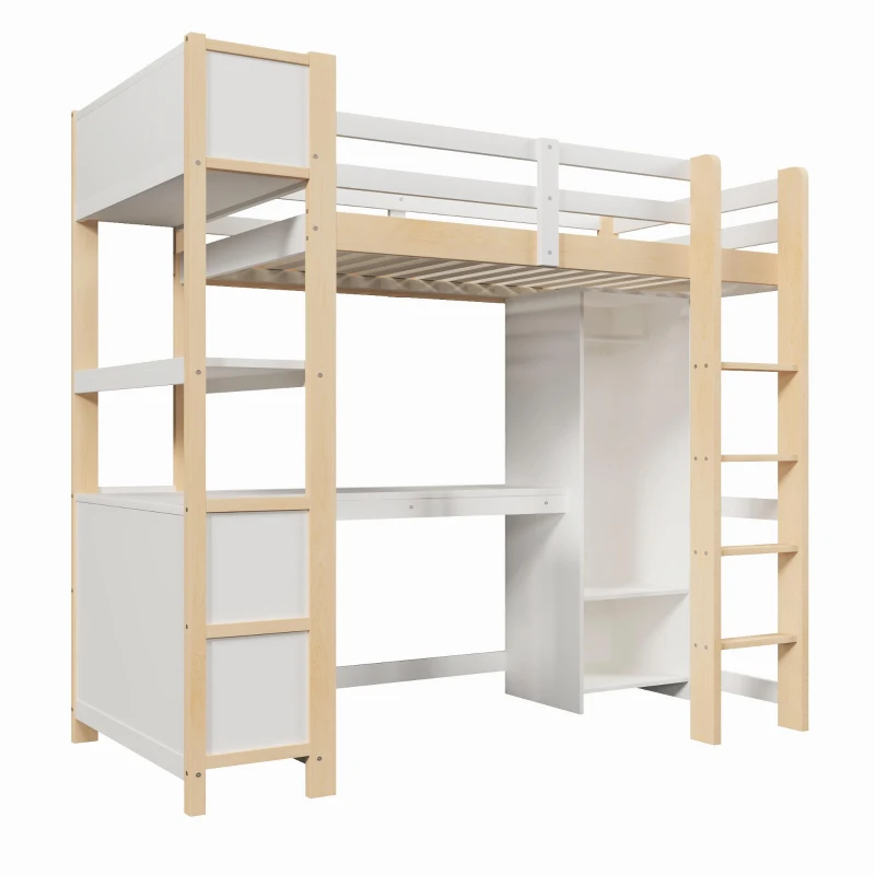 Lit mezzanine 90x200 cm, garde-corps de sécurité pour enfants dès 6 ans, sans matelas, 232,5x100x189,5 cm, Couleur naturelle