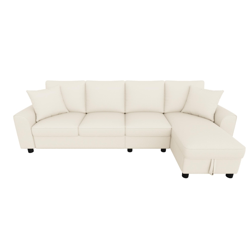 Divano angolare moderno in ciniglia con cuscini, schienale reclinabile e portabicchieri, 280x136x82 cm, Beige