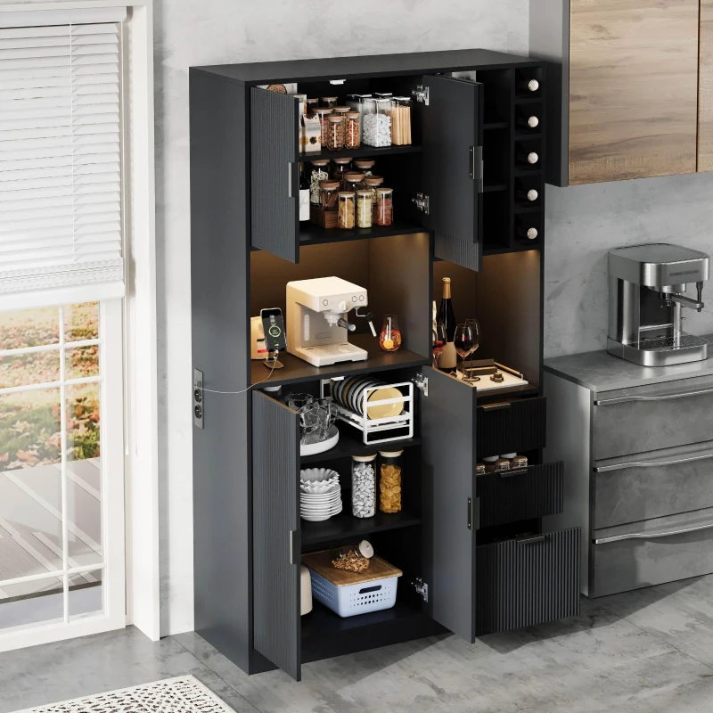 Mobile dispensa alto con portabottiglie, ripiani regolabili e 3 cassetti, 105x40x180 cm, Nero