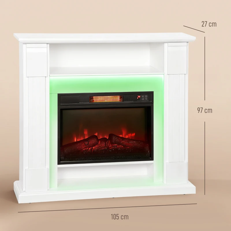 HOMCOM Elektrischer Kamin mit LED-Lichtern, realistischer Flammen-Effekt, 1800W, Kaminsims, 2 Fernbedienungen, Glas, Weiß