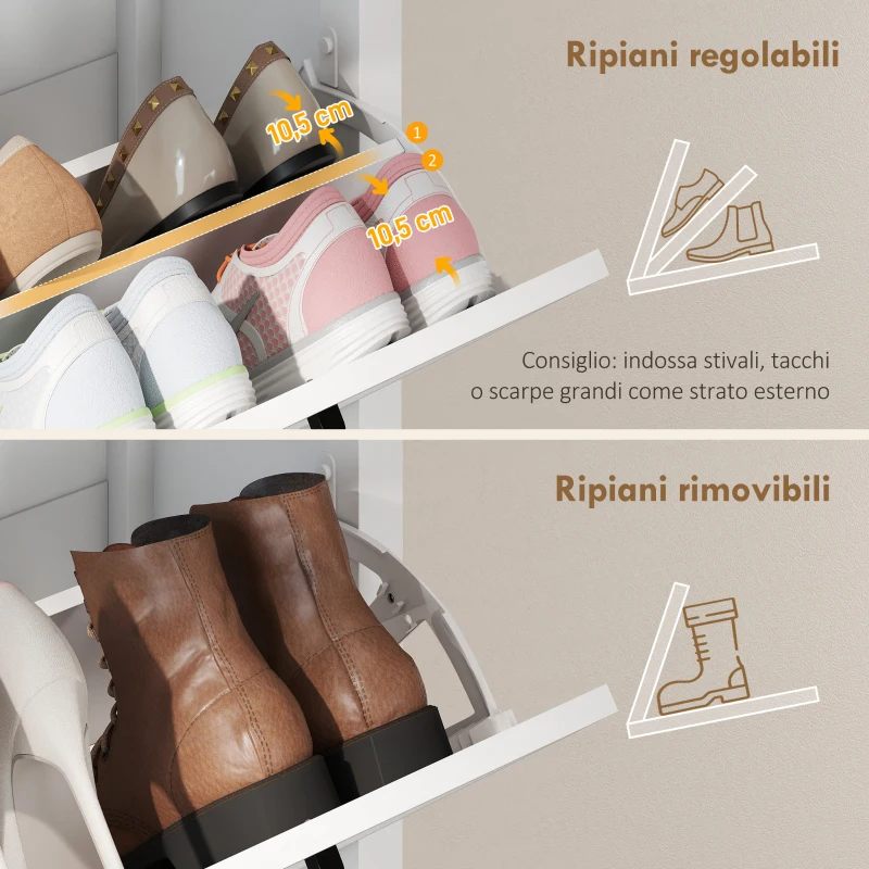 HOMCOM Scarpiera Country con 2 Cassetti Ribalta, Ripiani Regolabili, Design Bianco.