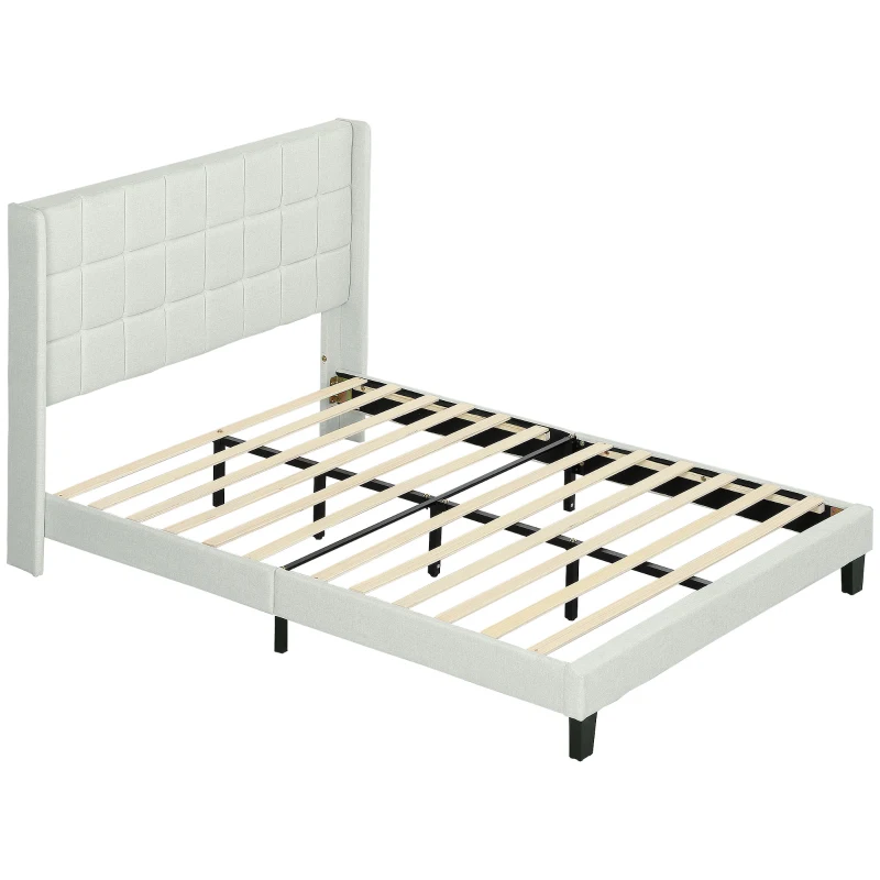 HOMCOM Cama 135x190 cm con Almacenaje Inferior Tapizada y Cabecero Acolchado con Orejas Beige