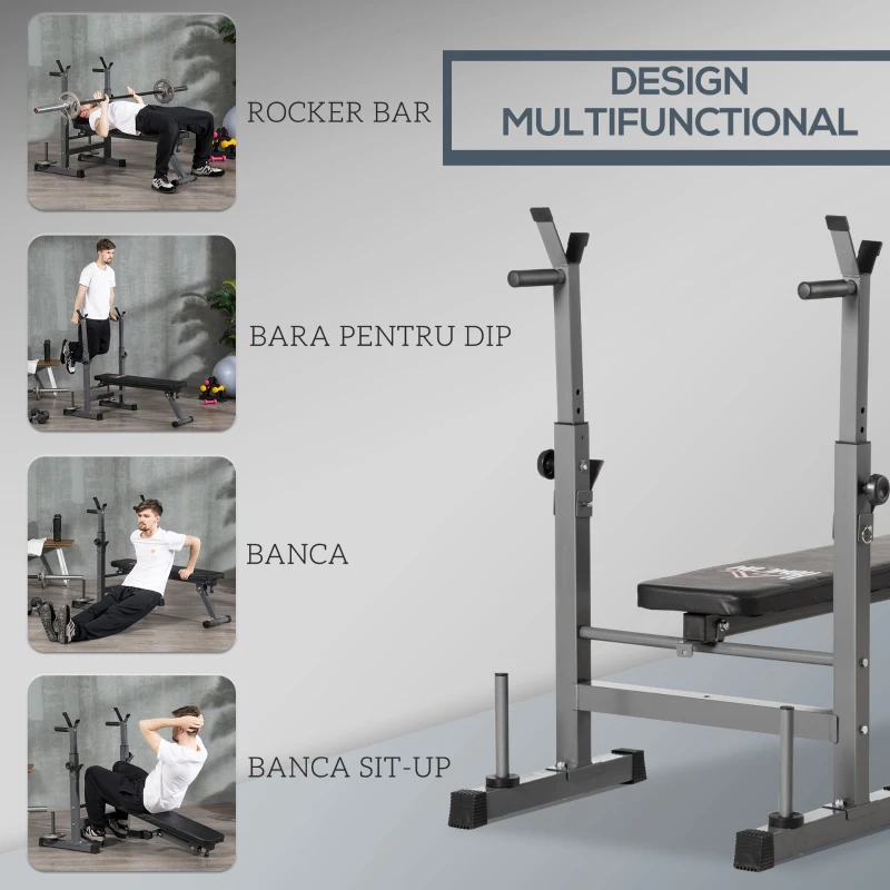 HOMCOM Bancă pentru Greutăți Pliabilă cu 8 Înălțimi Reglabile și Suport pentru Halteră din Oțel și PU, 140x73x98-122 cm, Gri