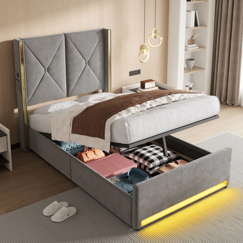 Cama em veludo com cabeceira acolchoada e matelassada, bolsos laterais, adequada para colchão 90X200 cm, 100x213x141 cm, Cinzento escuro