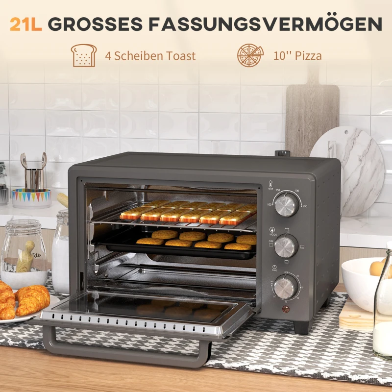 HOMCOM Minibakoven, 21 L Toasteroven met 1 draadrek en 1 bakplaat, 3 kookstanden, 100 °C-230 °C, roestvrij staal, glas, grijs(m-4)