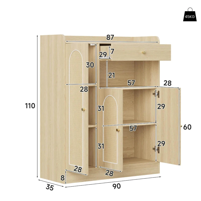 Sapateira em rattan, amplo espaço de arrumação, prateleiras ajustáveis, 90x35x110 cm, Cor natural