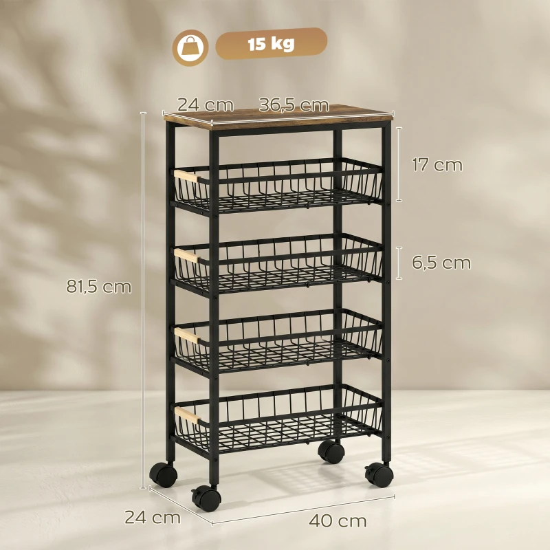 HOMCOM Carrito Auxiliar con Ruedas 4 Cestas Extraíbles Carga 15 kg Marco Metálico para Comedor 40x24x81,5 cm Rústico Marrón