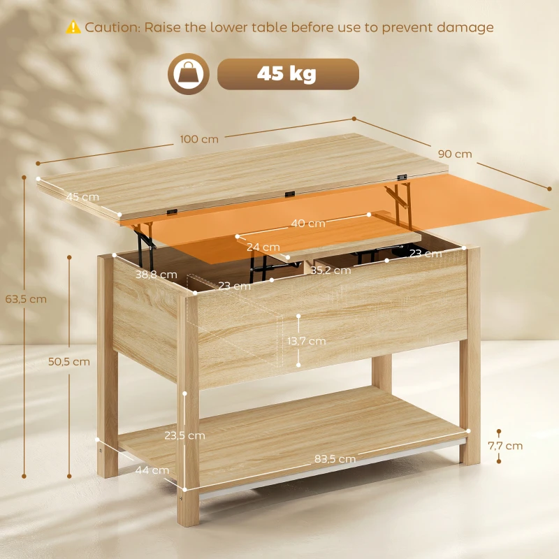 HOMCOM Mesa de centro elevável e extensível mesa de sala com compartimento oculto prateleira aberta 100x45x50,5cm madeira natural