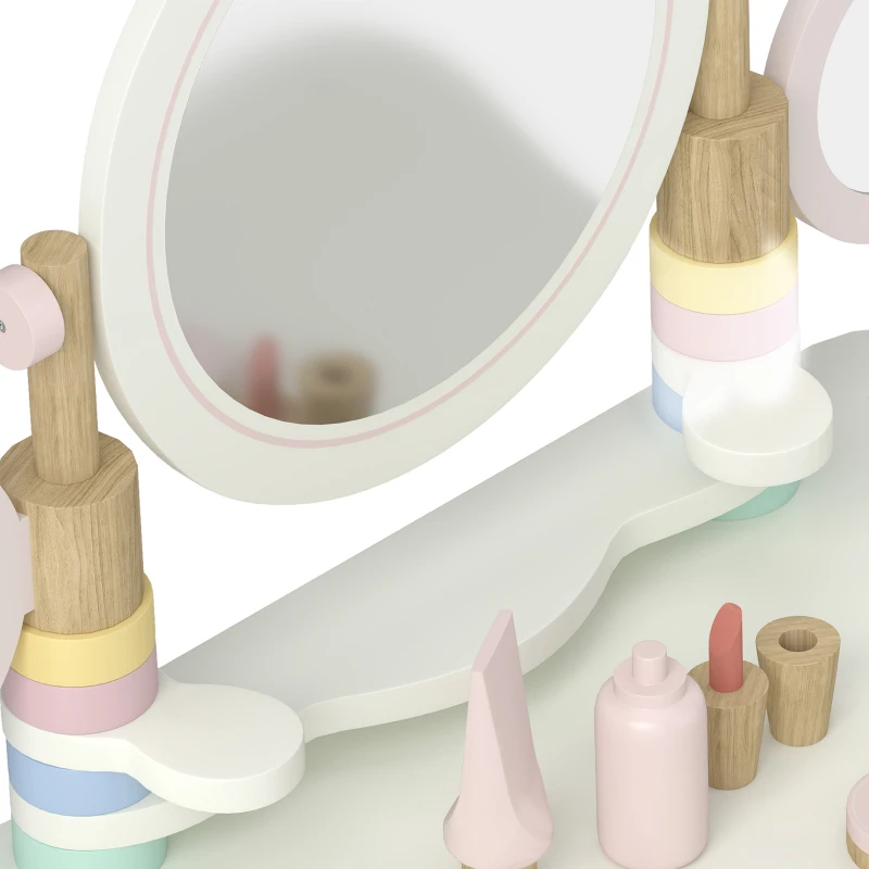 AIYAPLAY Tocador de Maquillaje para Niñas con Taburete Espejos Giratorios Cajón 6 Accesorios Bandejas Laterales para +3 Años Rosa