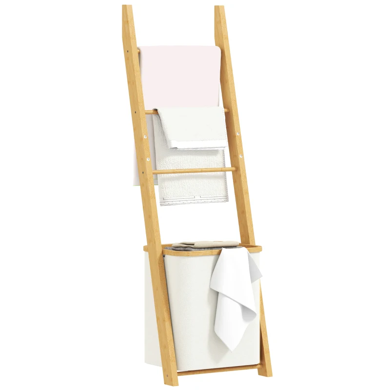 HOMCOM Badregal, 2-in-1 Badezimmerregal mit 3 Stangen, abnehmbarer 48L-Wäschekorb, Bambus, 43 x 35 x 133 cm, Cremeweiß