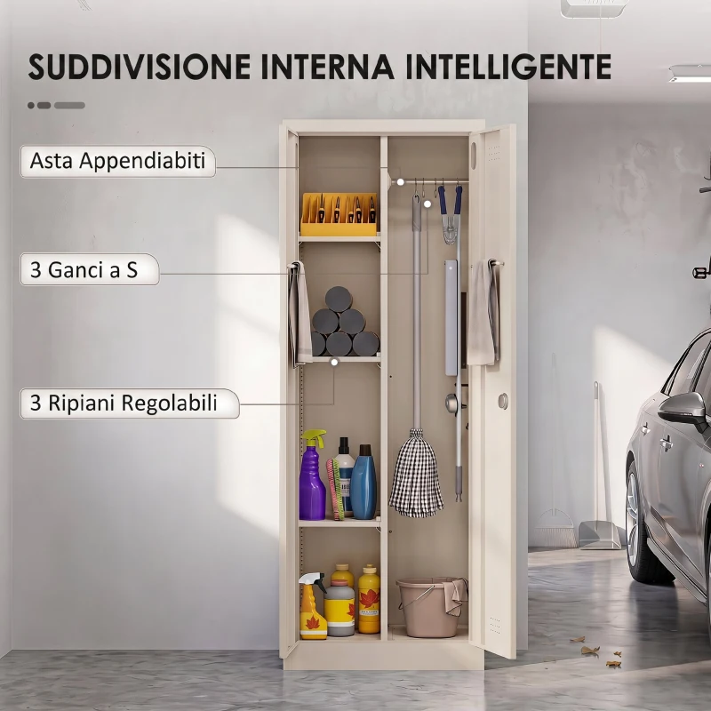 HOMCOM Armadio Porta Attrezzi in Acciaio con Serratura, Ante e Ripiani Regolabili, Capacità 80 kg, Crema