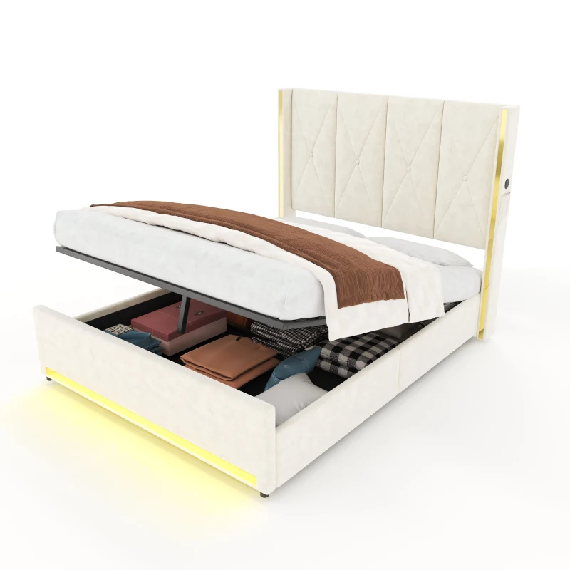 Cama de terciopelo con cabecero acolchado y capitoné, prácticos bolsillos laterales, para colchón 160L x 200AN cm, 170x213x141 cm, Beige