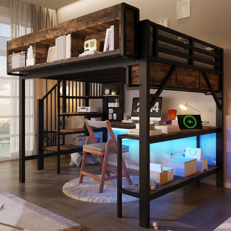 Cama alta 140x200 cm estilo vintage com secretária de canto, muito espaço de arrumação e chapa metálica‑perfurada, régua de tomadas integrada, 255x164x182 cm, Castanho+Preto
