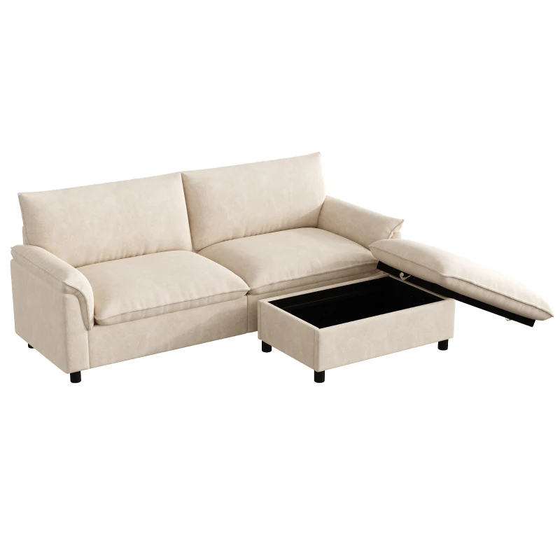 Divano angolare modulare con pouf poggiapiedi flessibile e vano portaoggetti nascosto, 216x77x82 cm, Beige