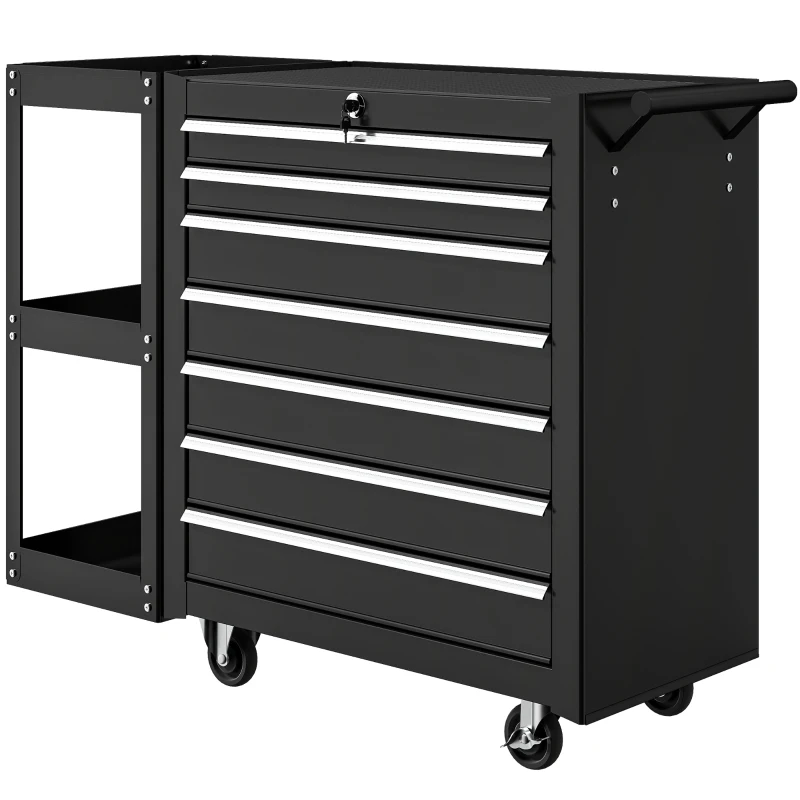 HOMCOM Gereedschapswagen met 7 lades, afneembaar zijrek, 4 wielen met parkeerrem, 96x33,5x75 cm, Zwart