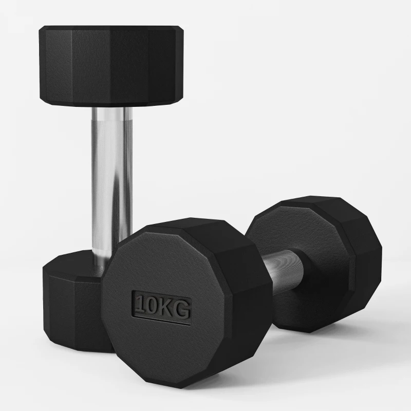 SPORTNOW Set de 2 Mancuernas Dodecagonales de 2 x 10 kg de Metal Recubiertas en Goma para Entrenamiento en Casa Gimnasio Negro