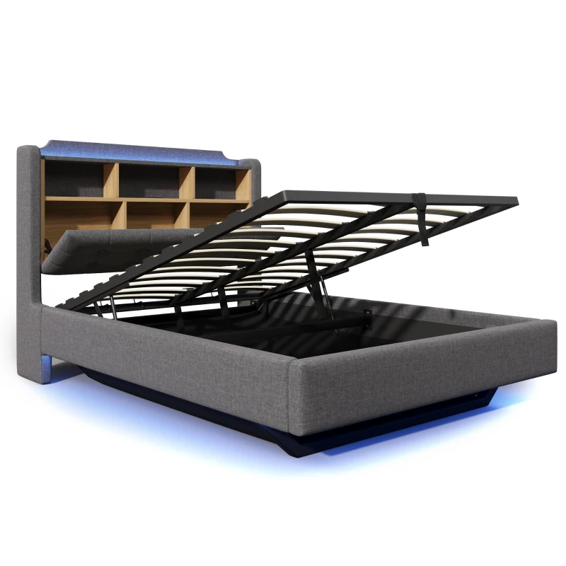 Cama estofada 140 × 200 cm, iluminação LED, design flutuante, sem colchão, 217x141x110 cm, Cinzento
