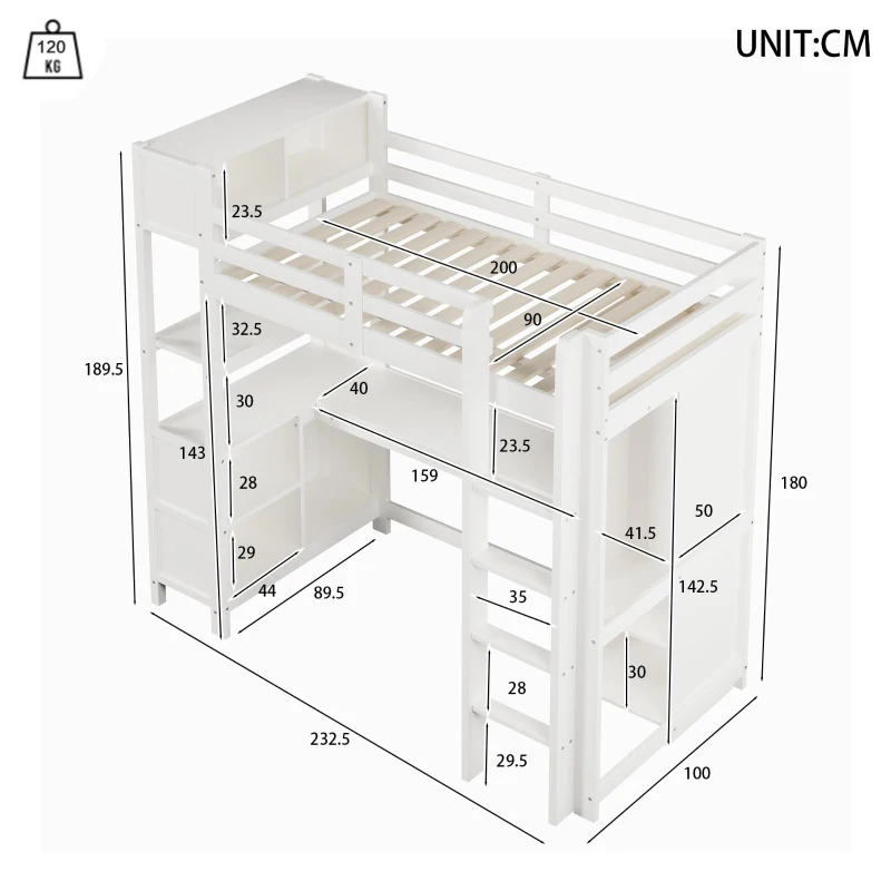 Letto a soppalco per bambini 6+ anni con parapetto di sicurezza, 232.5x100x189.5 cm, Bianco
