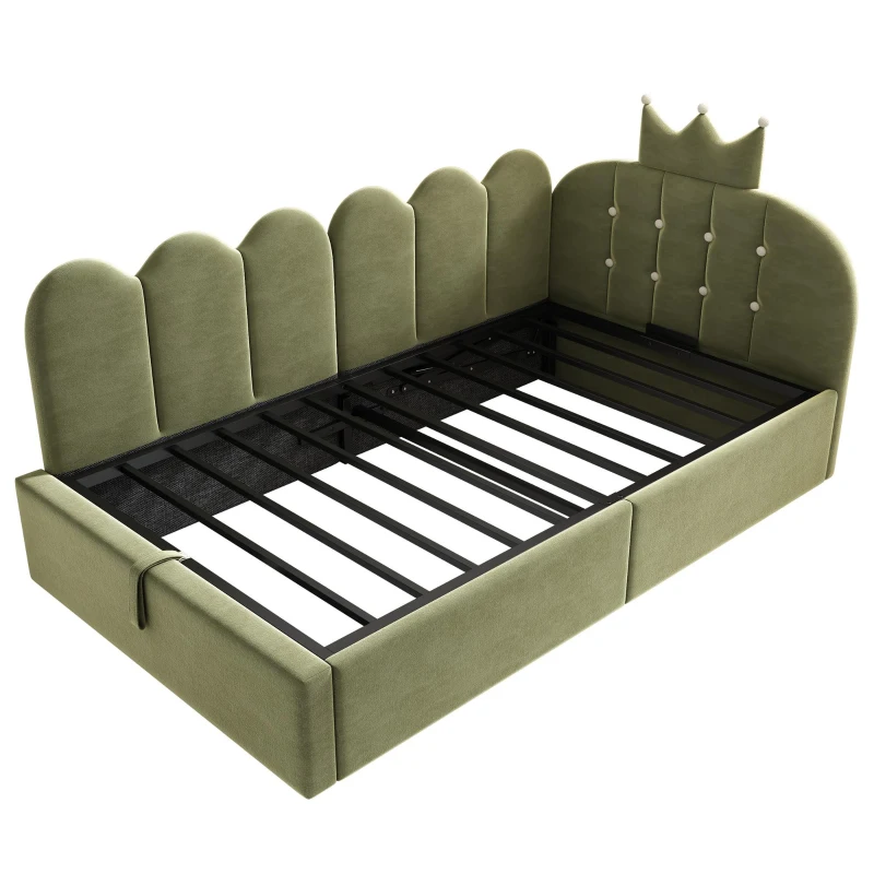 Letto singolo a L imbottito con spazio contenitore inferiore, 199x96x96 cm, Verde