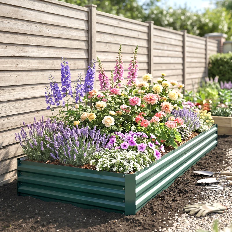 Outsunny Carré Potager en Métal Modulable - Potager Surélevé 241x90,5x30cm en Acier Galvanisé - Jardinière Extérieur Anti-Rouille pour Légumes et Fleurs, Vert Foncé