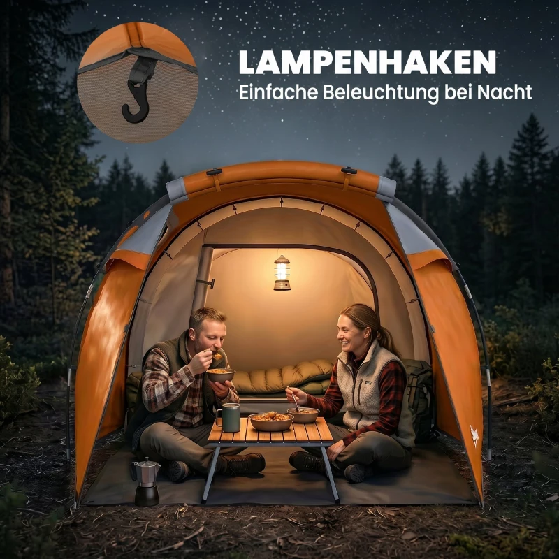 Outsunny Tunnelkampeertent voor 2-3 personen, 2000 mm waterkolom, waterdichte tent met voortent, oranje