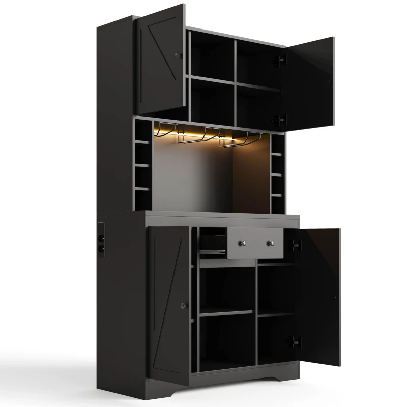 Armario alto de cocina con función de vinoteca, tira LED, baldas regulables, 105x40x180 cm, Negro