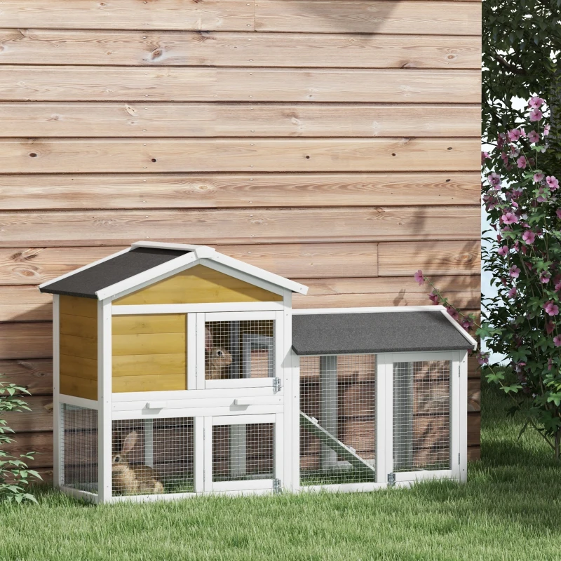 PawHut Hasenstall 2 Etagen Kaninchenstall Holz Kaninchenkäfig mit Bitumendach Freilaufgehege Rampe Türen 147x54x84 cm Gelb