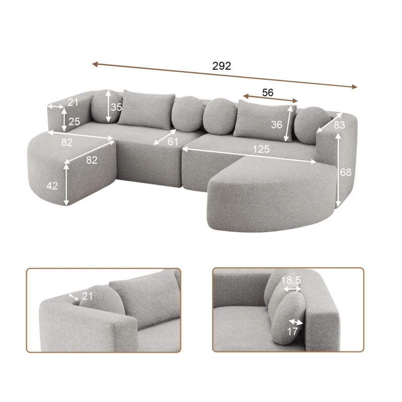 Divano modulare con funzione letto, schiuma ad alta resilienza e molle insacchettate, 292x165x68 cm, Grigio