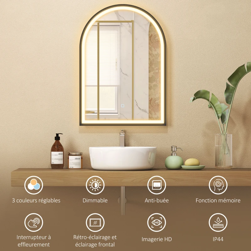 HOMCOM Miroir salle de bain avec éclairage 50 x 70 cm, miroir LED arqué, anti-buée, 3 couleurs lumière, dimmable, mémoire, noir