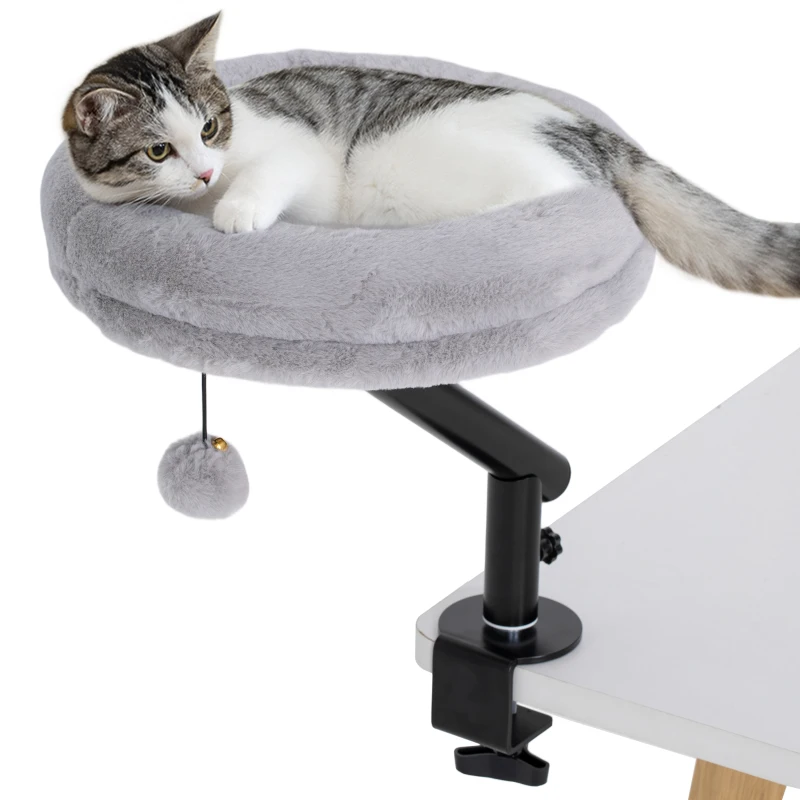 PawHut Lit de Bureau pour Chat Rotation de 360° et Hauteur Réglable, Lit pour Chat Lavable avec Balle Jouet,  35x35x48cm, Gris