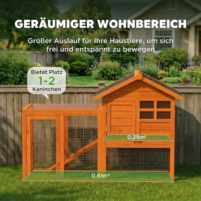 PawHut Hasenstall 2 Etagen Kaninchenstall mit wasserdicht Bitumendach Freilaufgehege Rampe Türen Holz 123,5x62,6x92,5 cm Orange