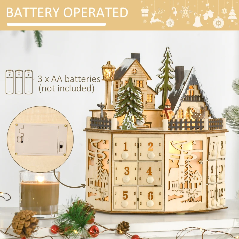 HOMCOM kerst adventskalender met 24 lades kerstkalender met LED verlichting adventskalender box MDF plaat naturel hout 25 x 20 x 29 cm