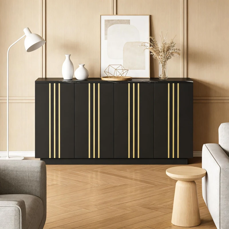 Aparador para sala de estar com 4 portas, elegantes frisos dourados, independente, 35x140x70 cm, Preto