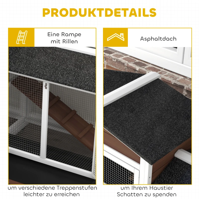 PawHut Kleindierhok met wielen, dwergkonijnenhok, ren, bitumendak, kleindierhuis, dwergkonijnenren, hout, staal, bruin