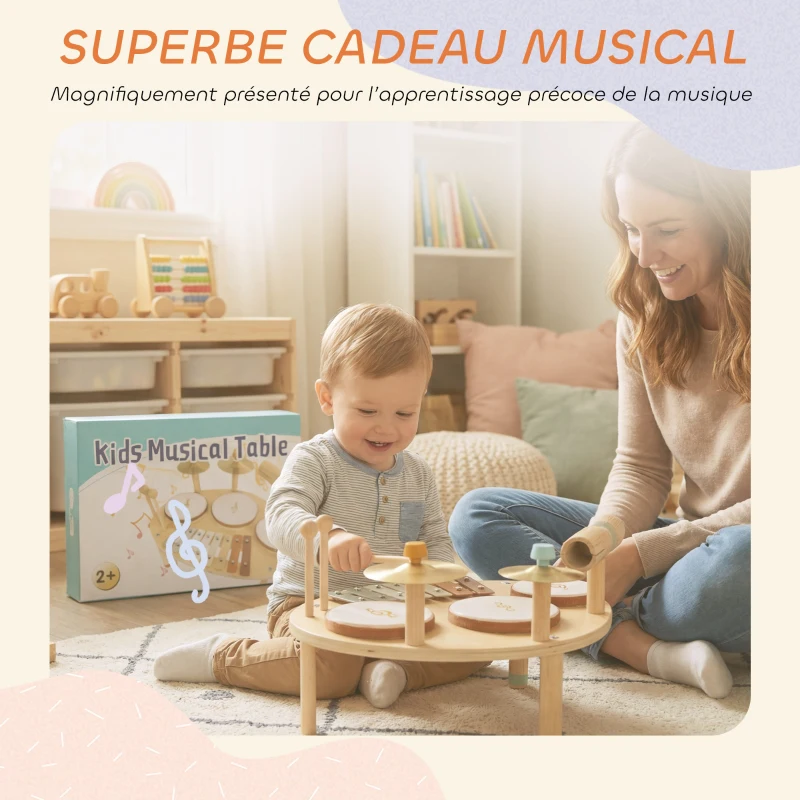 AIYAPLAY Jeux de Tambours pour Bébé, Tambour bébé avec Xylophone pour Tout-Petits, Instruments de Musique en Bois, Naturel