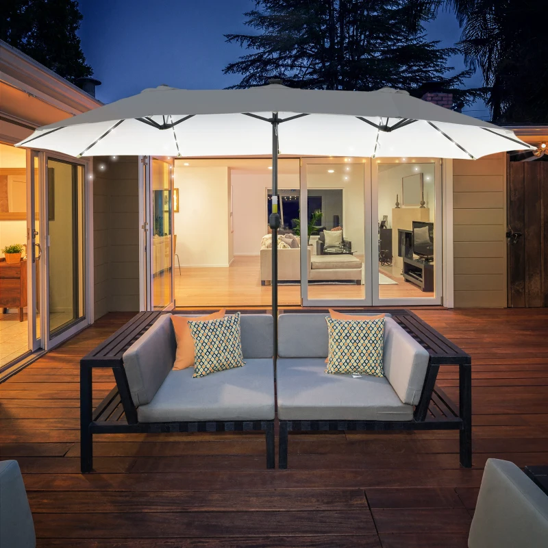 Outsunny Sombrilla Doble con 48 Luces LED 4,5x2,65 m Manivela Protección Solar para Terraza Jardín Piscina Crema