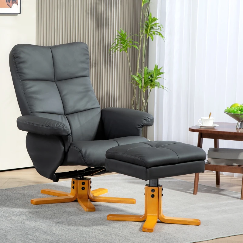 HOMCOM Relaxfauteuil met kruk, rugleuning kantelbaar tot 145°, 360° draaibaar, kunstleer, donkergrijs