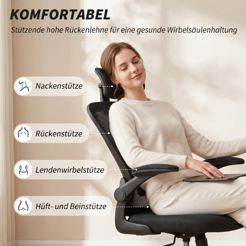 HOMCOM Bürostuhl Ergonomischer Schreibtischstuhl mit Hochklappbaren Armlehnen, Verstellbarer Lendenwirbelstütze Schwarz