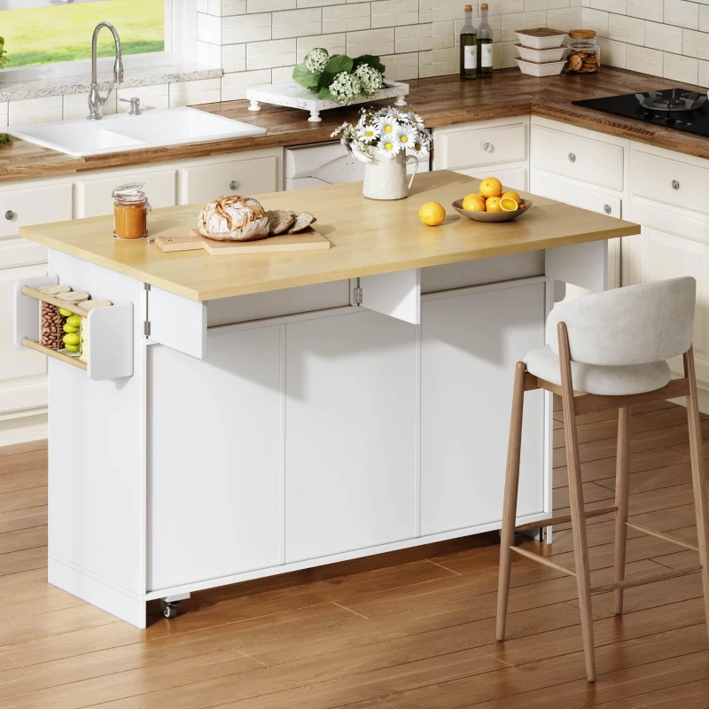 Ilha de cozinha móvel com tampo rebatível, gavetas verticais de 2 níveis, rodízios bloqueáveis 360°, 120x70x92 cm, Branco