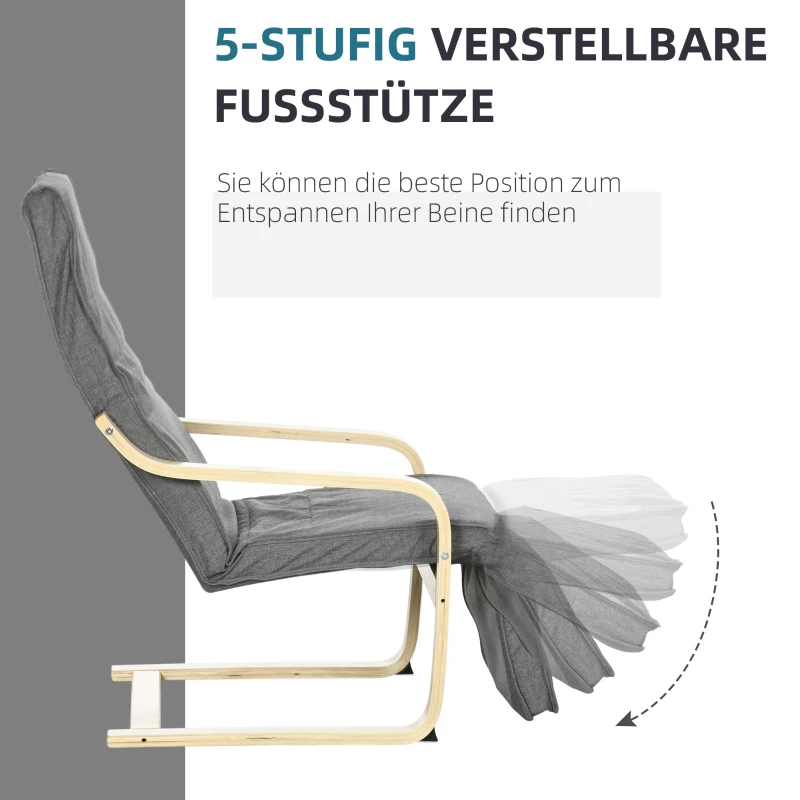HOMCOM Accentstoel, Relaxfauteuil met Verstelbaar Voetgedeelte, Berkenhouten Frame, tot 120 kg, 66,5 x 94 x 100 cm, Grijs