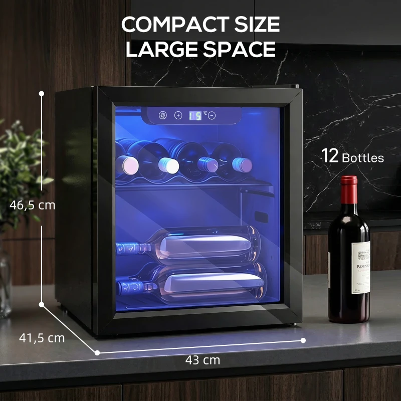 HOMCOM Wijnkoeler voor 12 flessen, 36 L capaciteit, 4–16°C, onderbouw drankkoelkast voor wijn en bier, met glazen deur, LED-verlichting