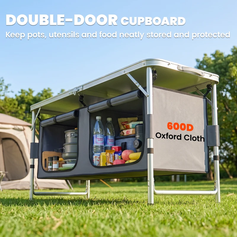 Outsunny 4ft Folding Camping Cupboard Kitchen, Height Adjustable Aluminium Camping Table with Storage, Lightweight Picnic Table for Outdoor Garden BBQ Party