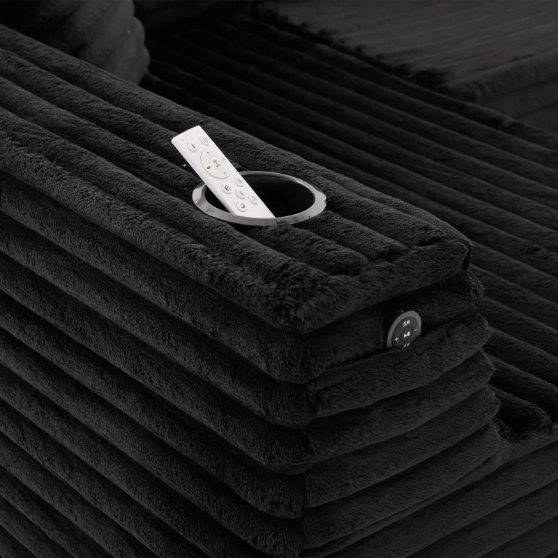 Divano a U in velluto a coste con portabicchieri integrato e tasca laterale, imbottitura a molle, 320x155x88 cm, Nero