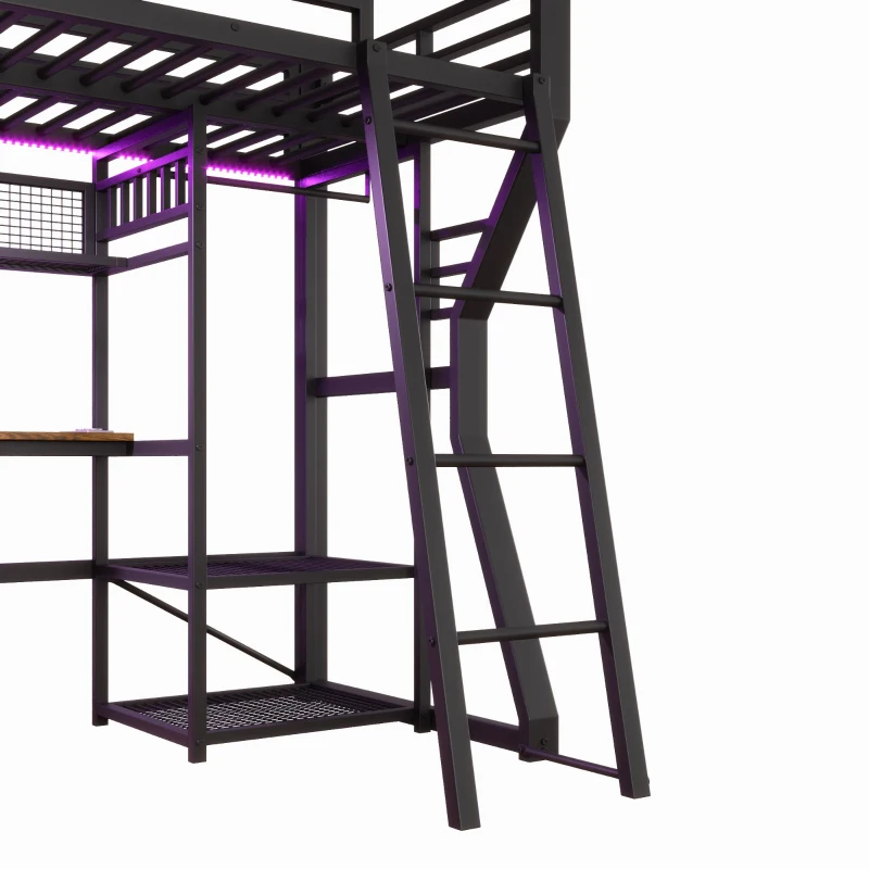 Cama alta para colchão 90×200 cm, com arrumação e espaço aberto por baixo da cama, sem colchão, 204x131,5x180 cm, Preto