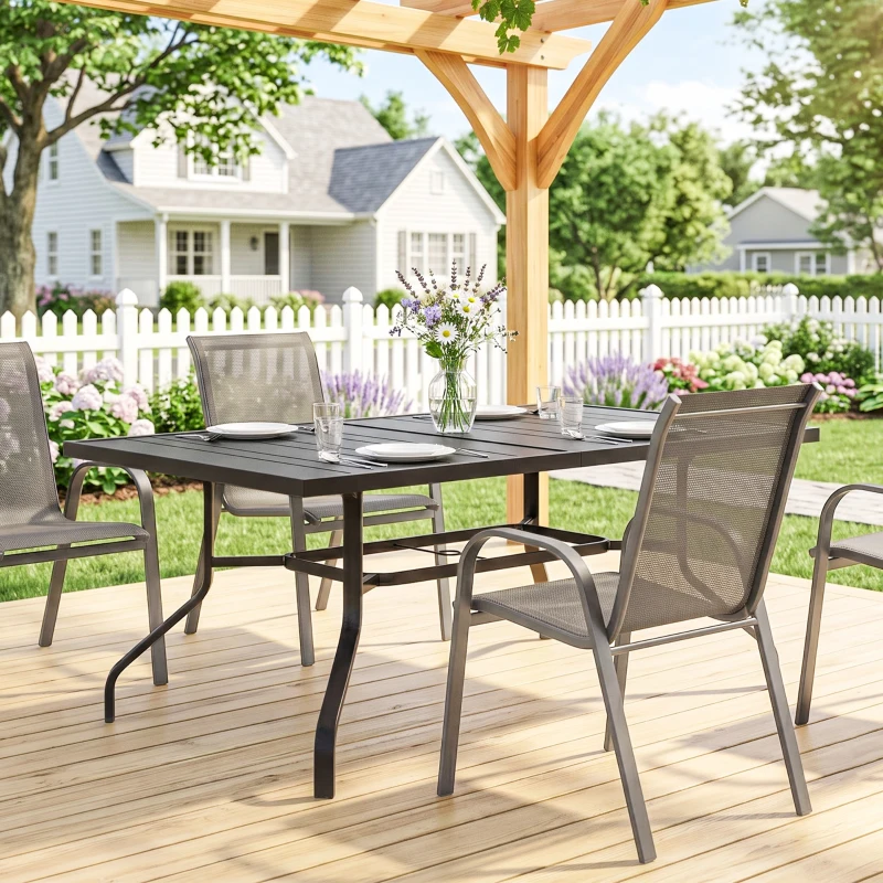 Outsunny Gartentisch 152x90 cm, Wetterfest Balkontisch aus Stahl, Beistelltisch mit Schirmloch, Latten-Design Schwarz