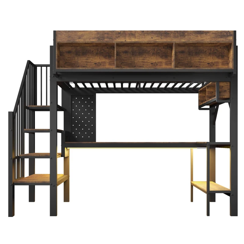 Letto a soppalco 90x200 cm con scrivania angolare, spazio contenitore e ciabatta integrata, 255x114x182 cm, Marrone e Nero