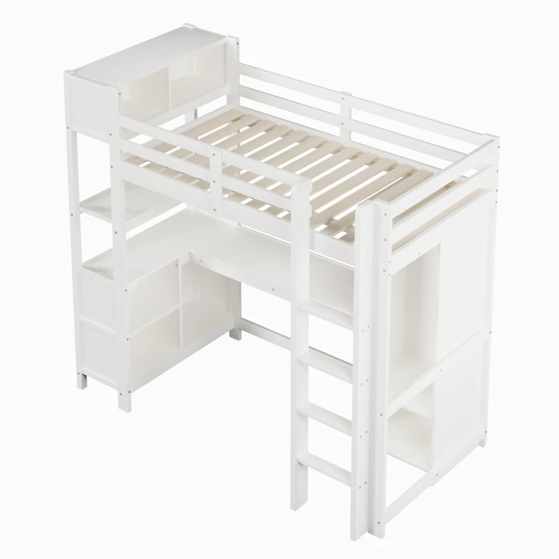 Cama alta 90x200 cm, grade de segurança para crianças a partir dos 6 anos, sem colchão, 232,5x100x189,5 cm, Branco