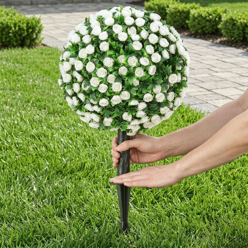 HOMCOM Kunstrozenbollen UV-bestendig voor buiten, set van 2 rozenbomen, 55 cm, wit